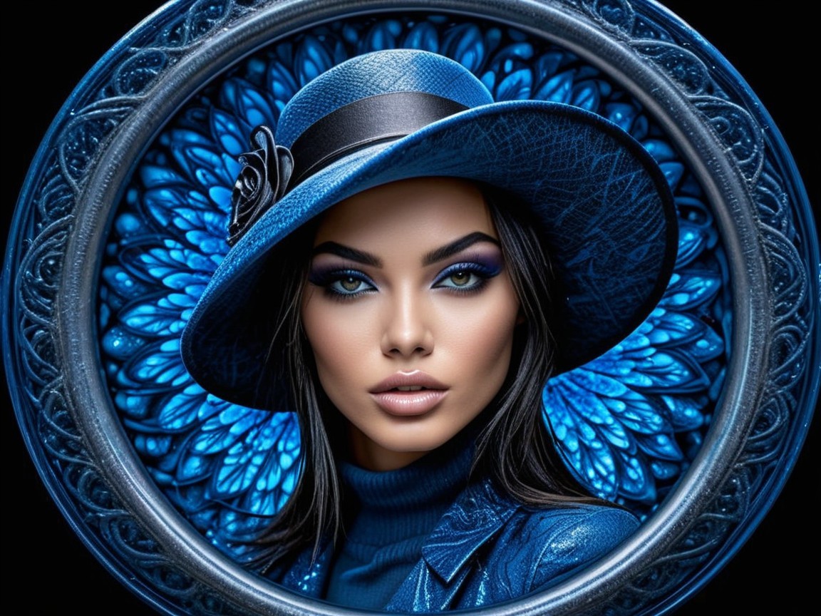 Elegant Woman in Blue Hat with Floral Design