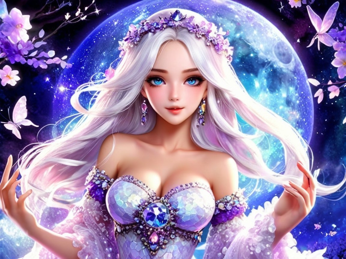 Ethereal Woman in Iridescent Gown with Floral Crown