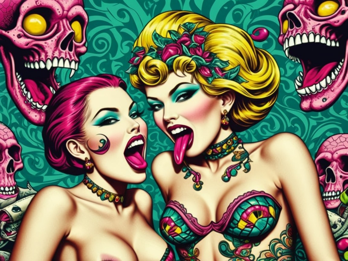 Vibrant Women with Bold Makeup and Whimsical Skulls