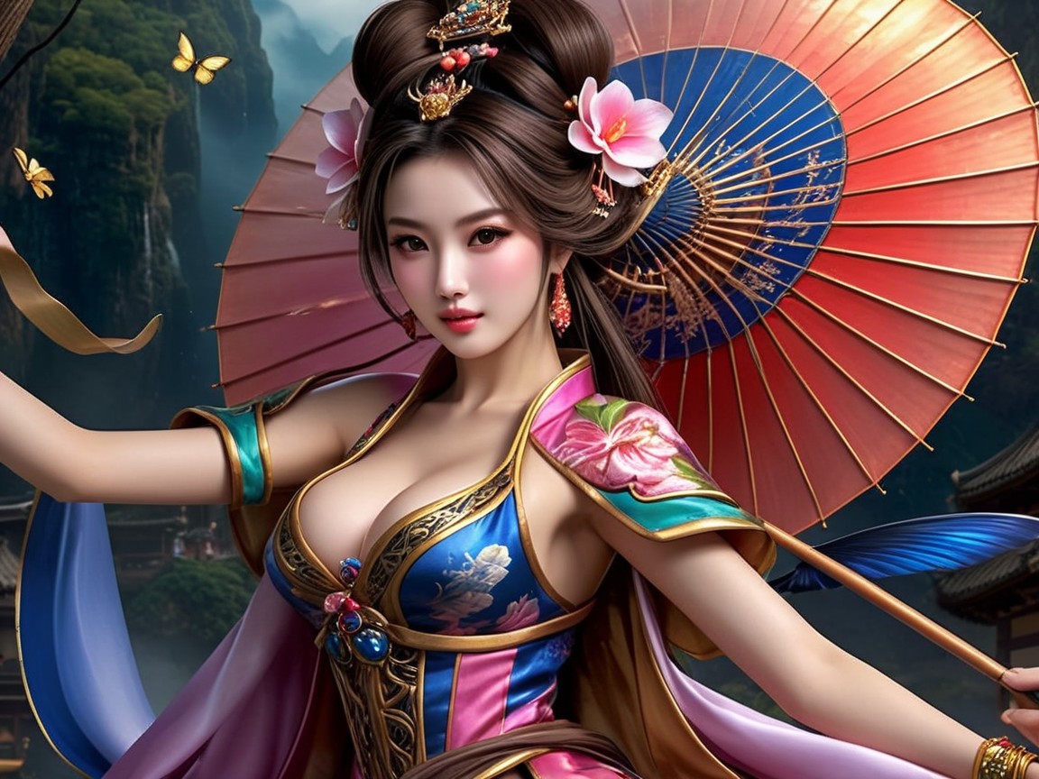 Elegant Woman with Parasol in Serene Landscape
