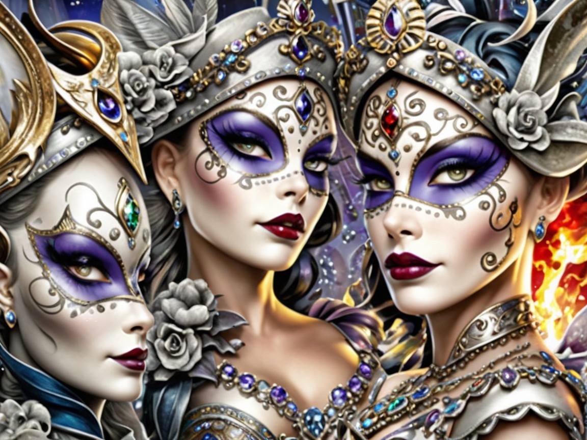 Elegant Women in Ornate Masquerade Masks and Makeup