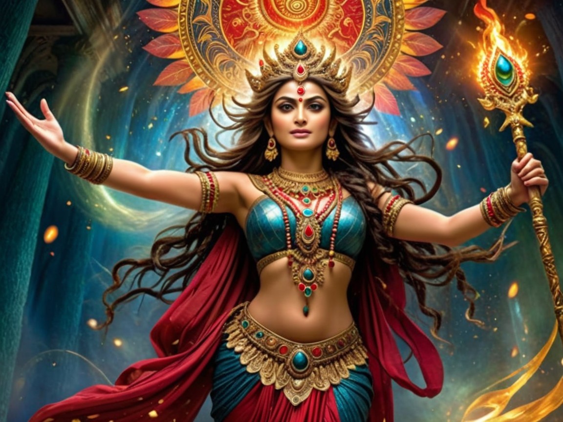 Majestic goddess figure in vibrant traditional attire