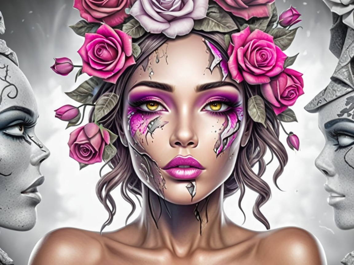 Striking Woman with Floral Crown and Dramatic Makeup