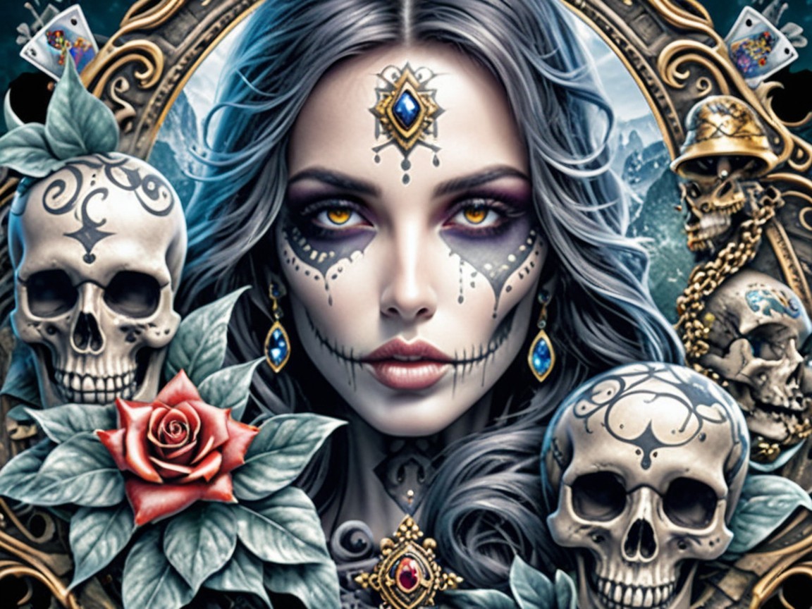 Woman with Sugar Skull Makeup and Ornate Background