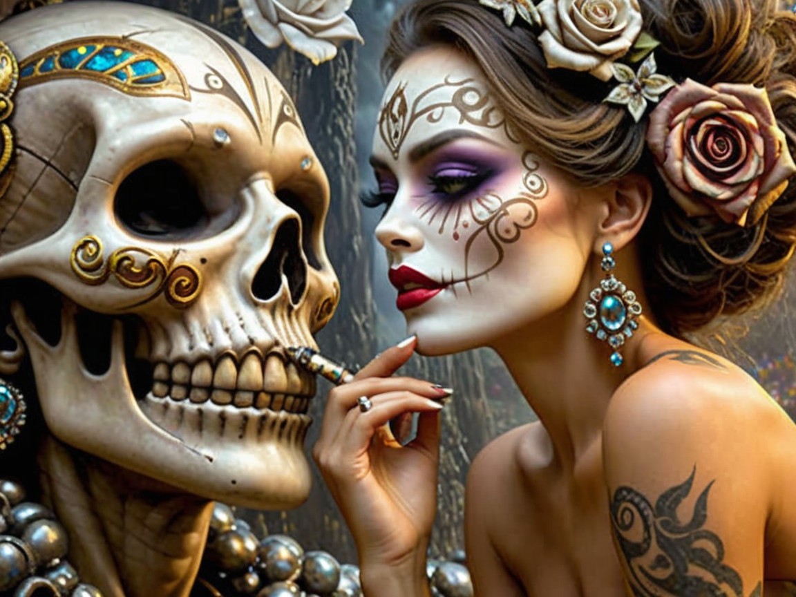 Woman with Sugar Skull Makeup and Skeleton in Decorated Setting