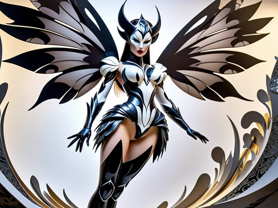 Female figure in black and white armor with wings