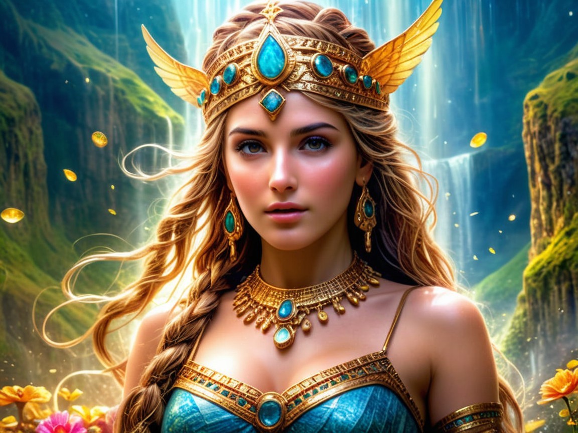 Majestic figure in turquoise gown with golden jewelry