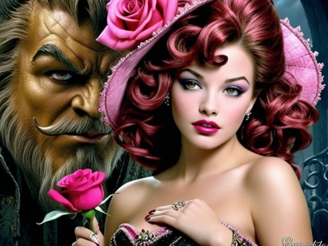 Glamorous Woman with Red Hair and Rugged Man Portrait