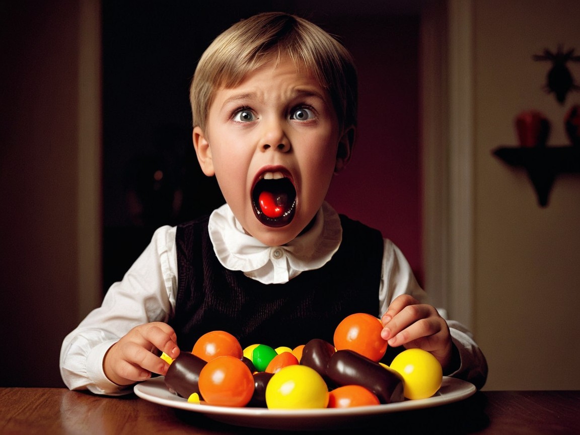 Child with surprised expression and colorful candies