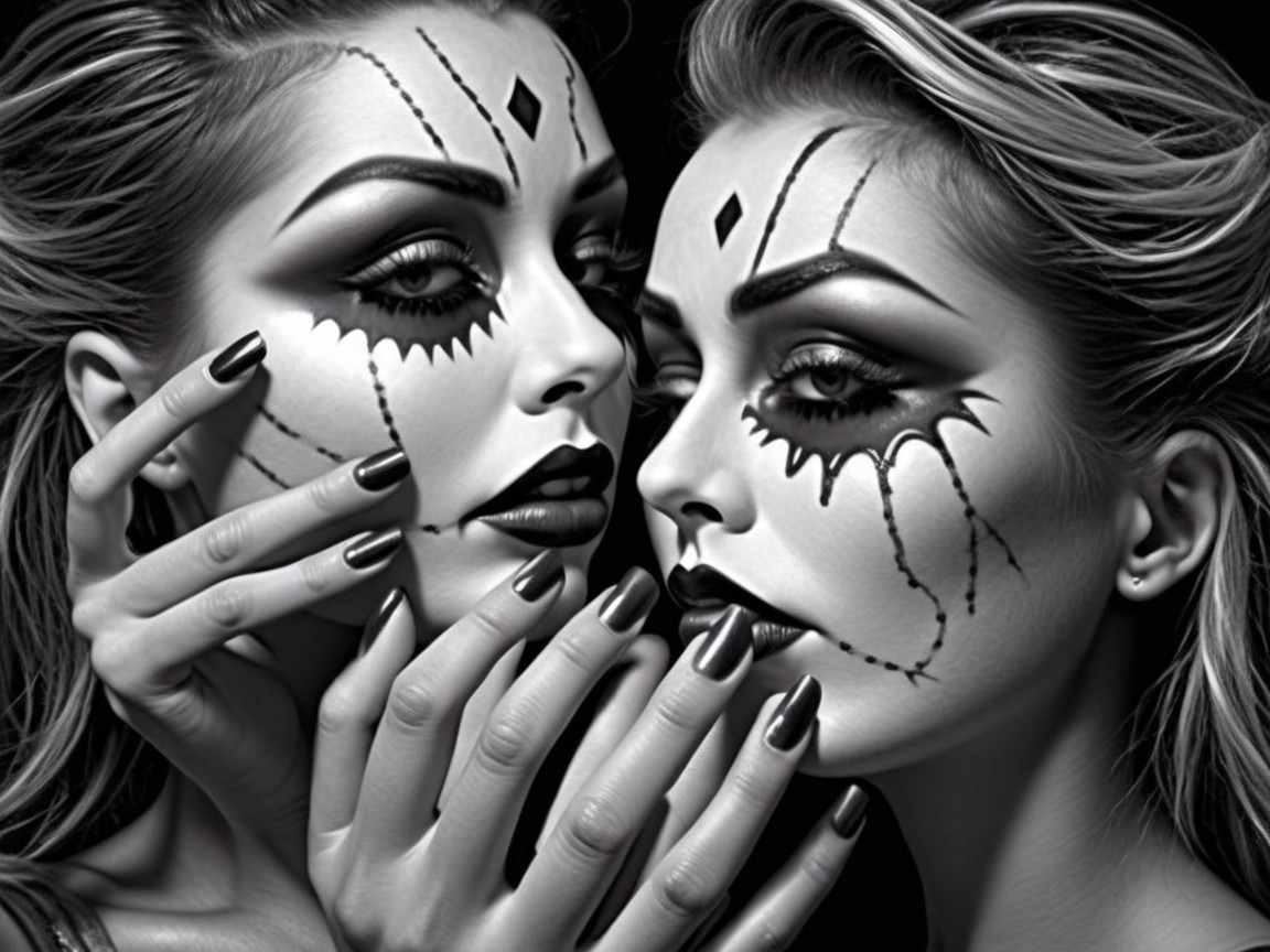 Dramatic Theatrical Makeup on Two Women with Contrast