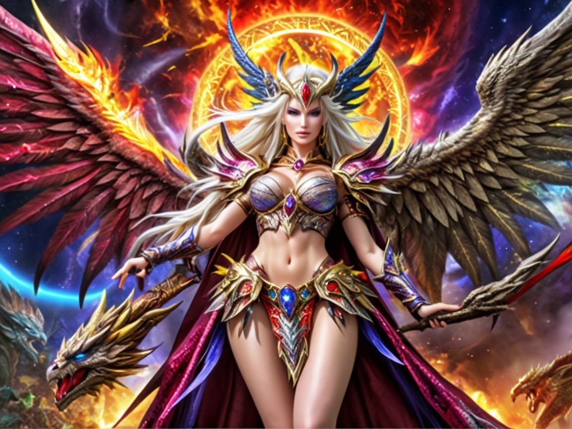 Fantasy Character with Armor, Wings, and Cosmic Background