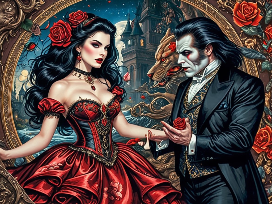 Gothic Scene with Woman in Red Gown and Castle