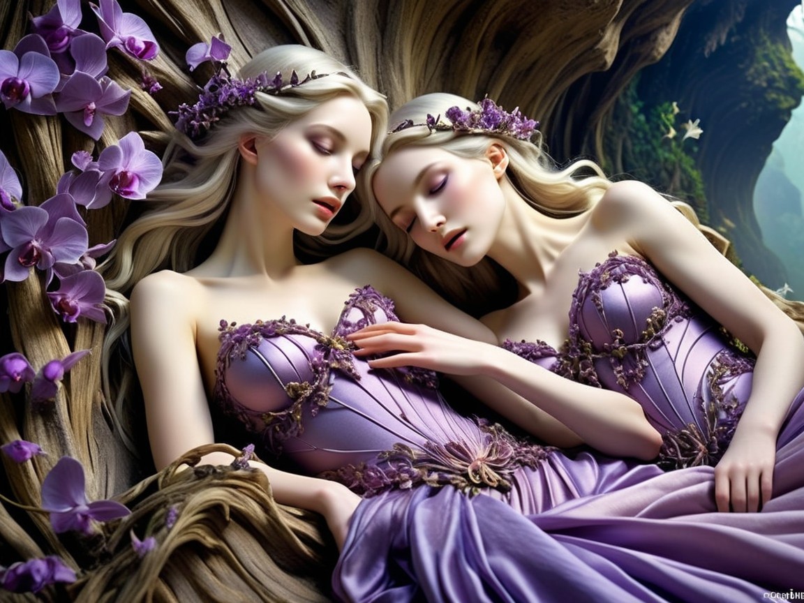 Ethereal Figures in Lilac Gowns Among Orchids
