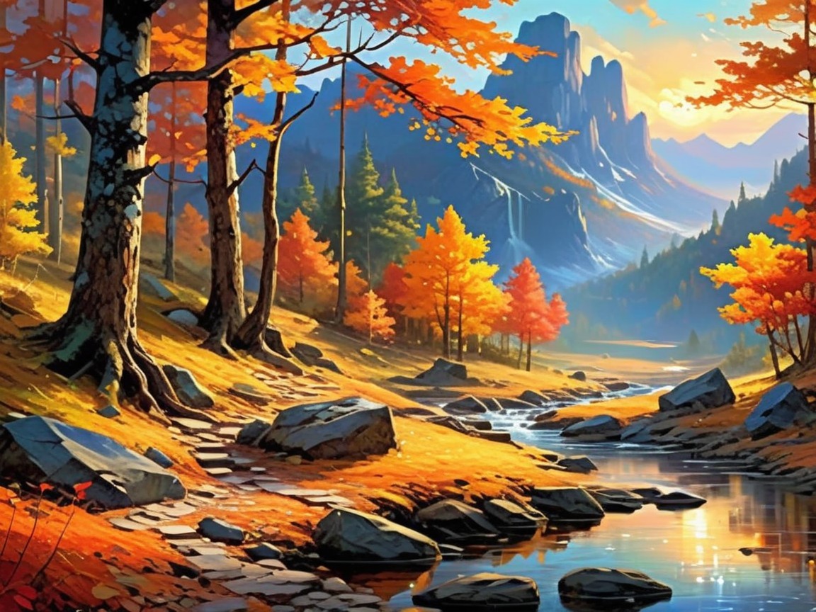 Vibrant Autumn Landscape with Mountains and Stream