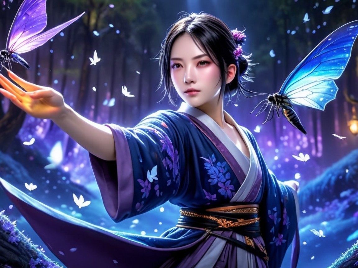 Young Woman in Kimono in Mystical Forest Setting