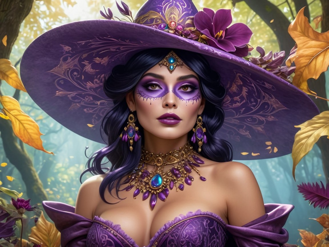 Woman in Purple Outfit in a Vibrant Forest Setting