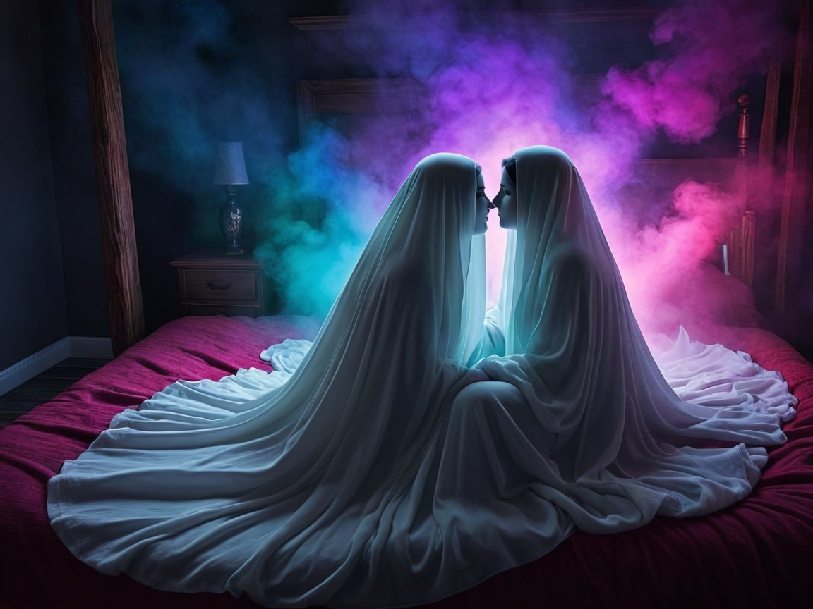 Figures in White Veils Surrounded by Ethereal Smoke