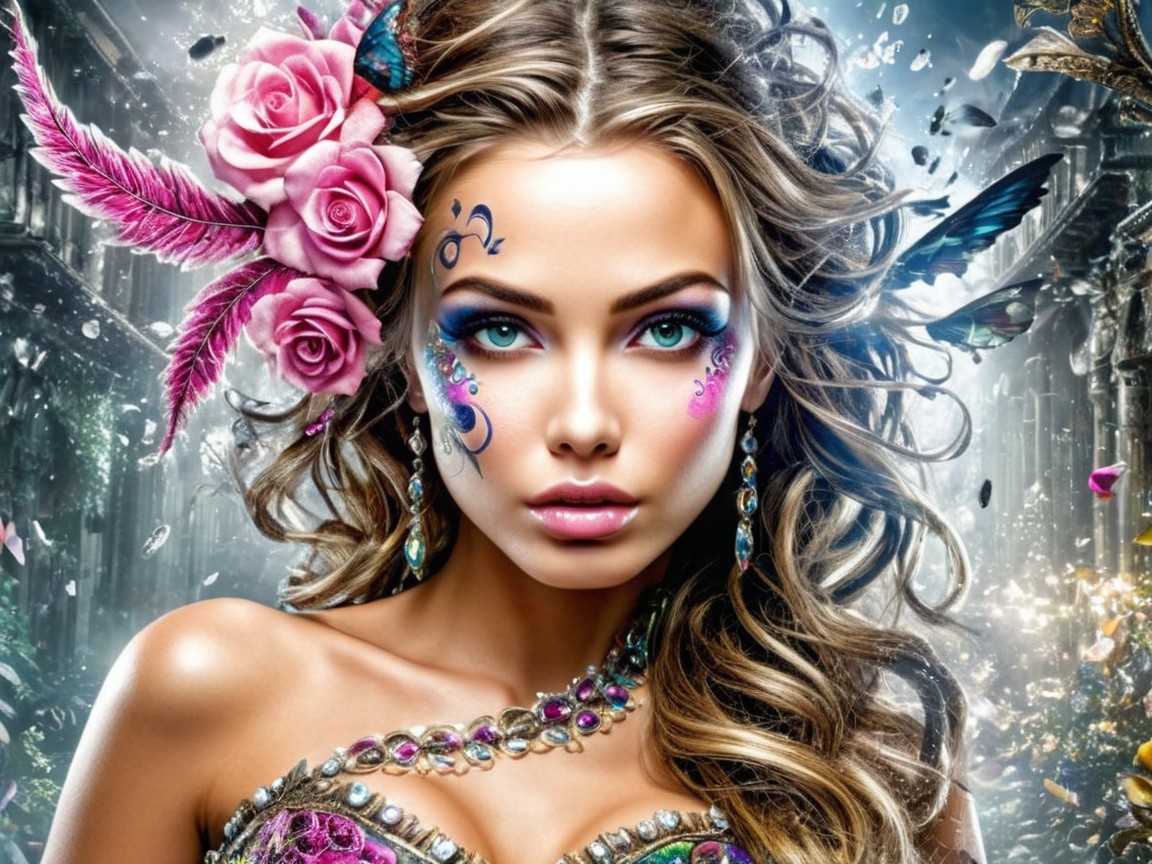 Woman with Floral Adornments and Intricate Makeup