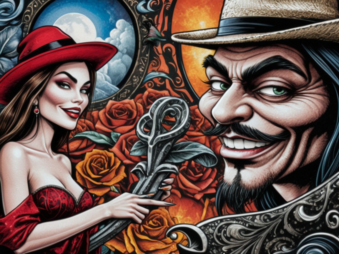 Stylized Artwork of Woman with Key and Sinister Man