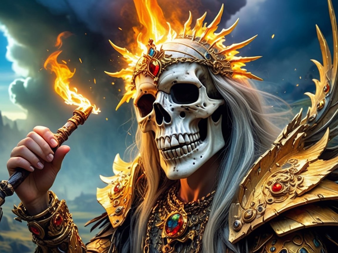 Dramatic fantasy figure in ornate golden armor