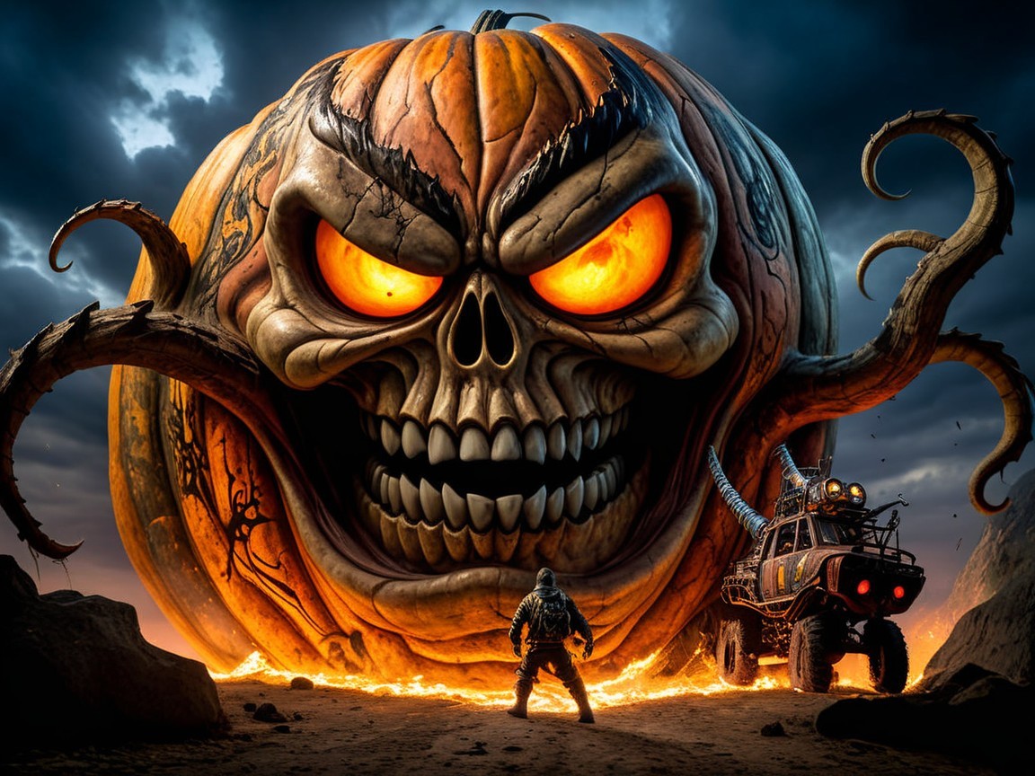 Ominous Pumpkin with Skull Face Against Stormy Sky