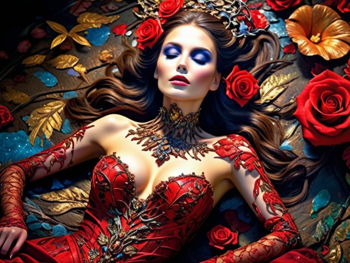 Elegant Woman in Red Gown Surrounded by Roses