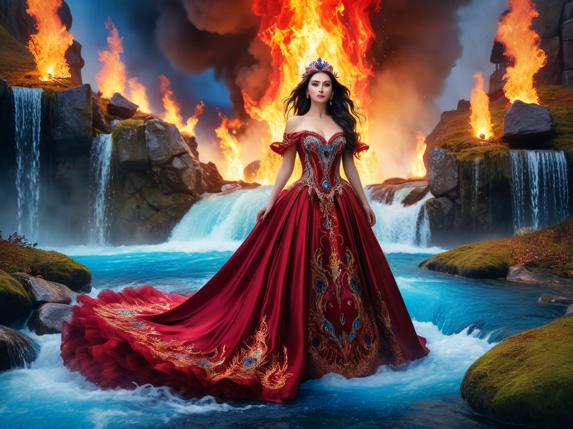 Majestic Figure in Red Gown Amidst Waterfalls and Fire