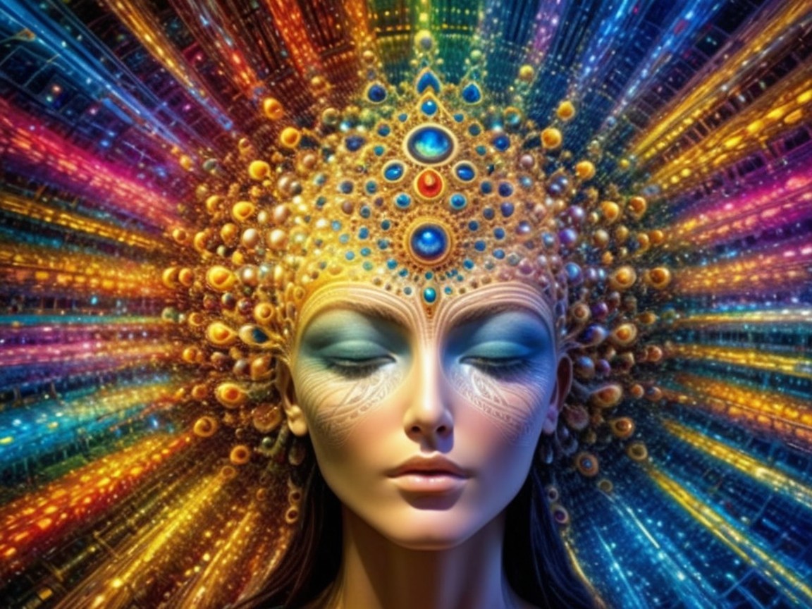 Serene figure with jeweled headdress and colorful background