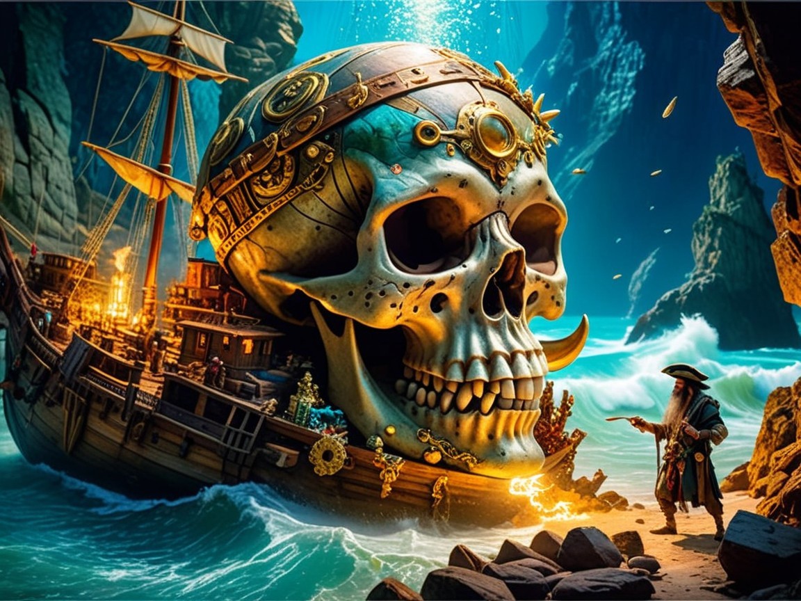 Decorative Skull and Pirate on Rocky Coastal Shore