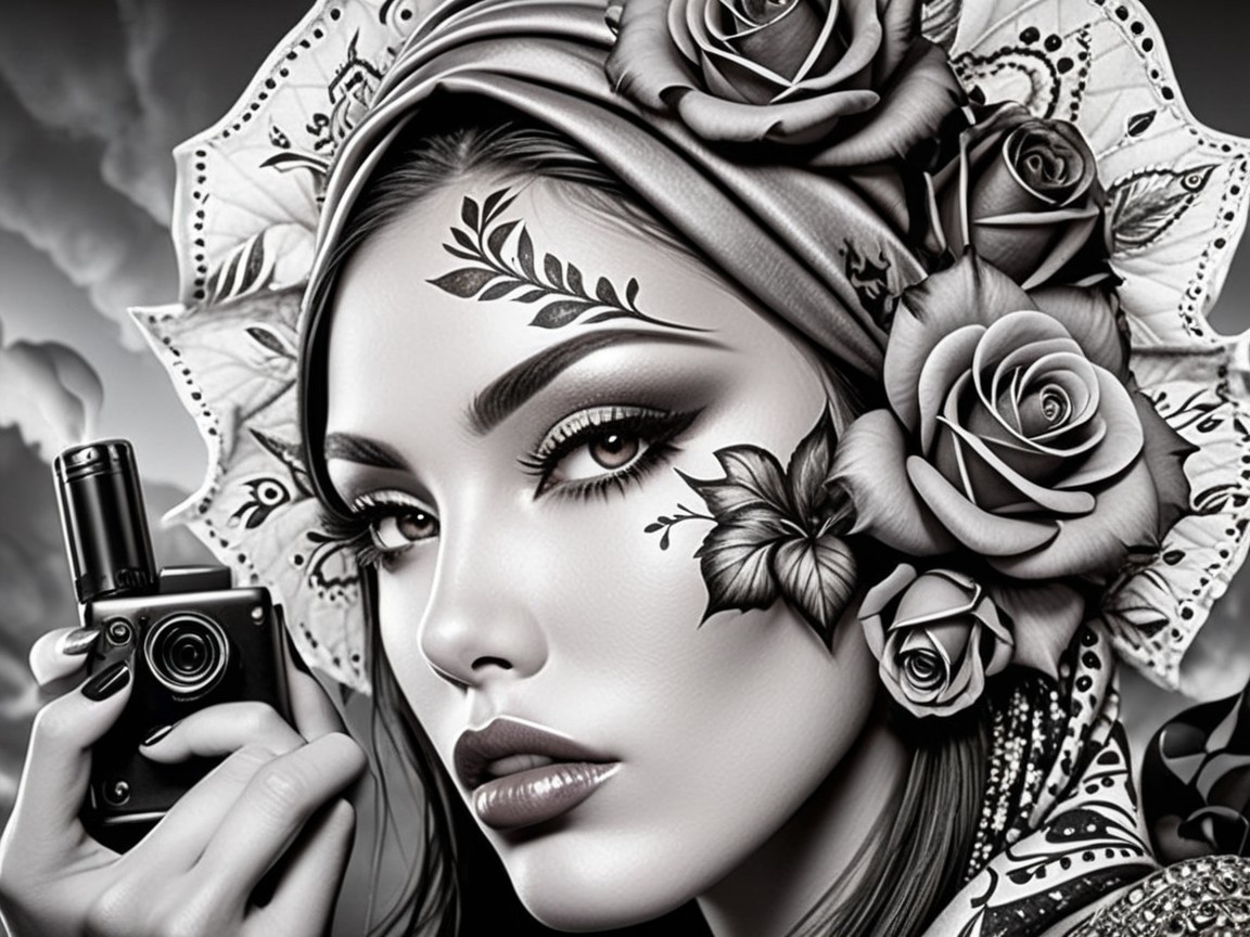 Monochromatic Portrait of Woman with Floral Designs