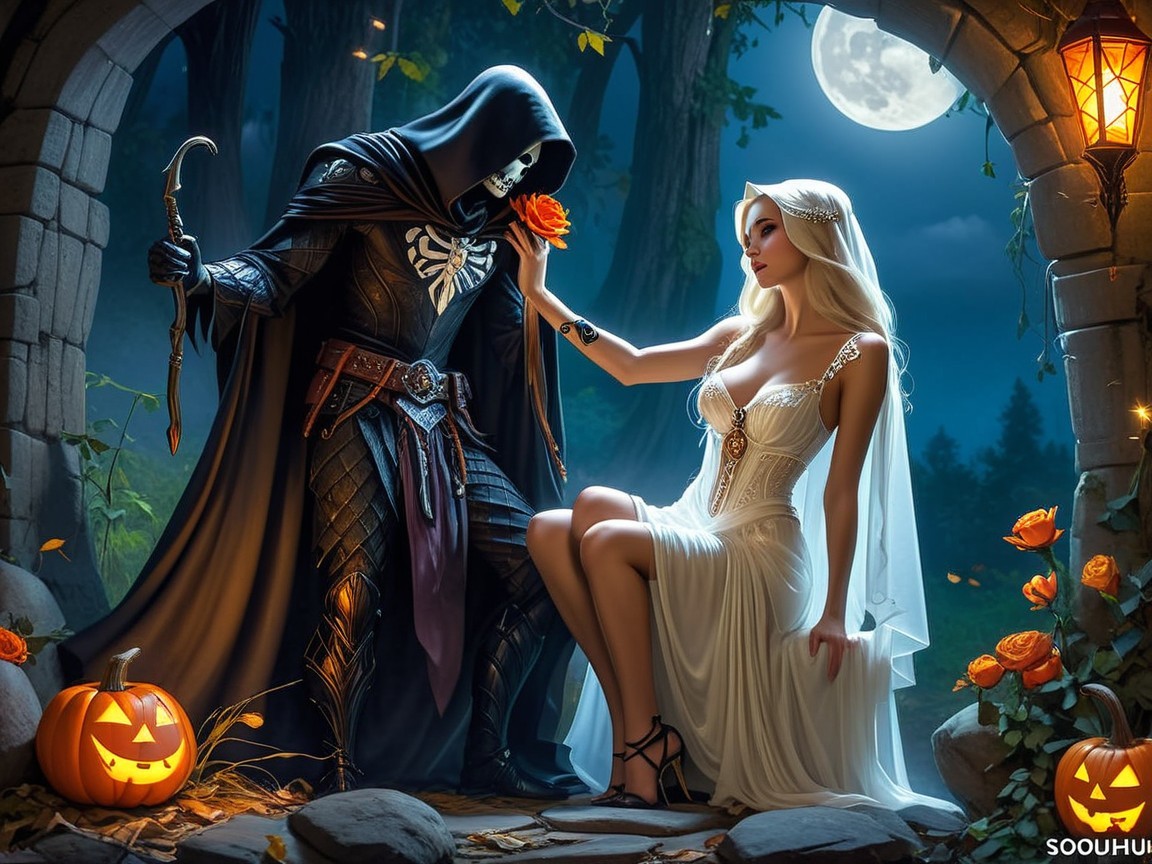 Moonlit Forest with Cloaked Figure and Enchanted Scene
