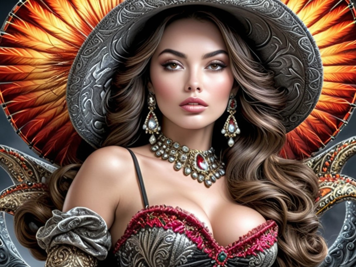 Beautiful Woman in Ornate Hat and Vibrant Dress