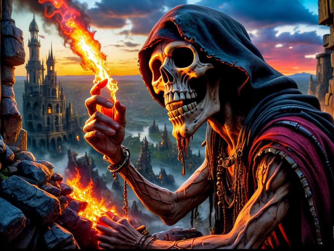 Skeletal Figure in Dark Robes with Flaming Staff