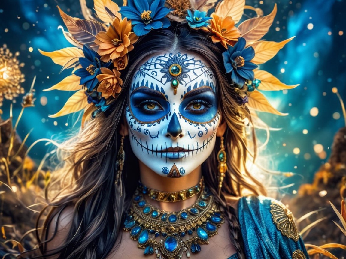 Woman with Sugar Skull Makeup and Floral Crown