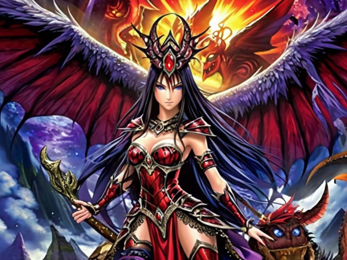 Fantasy Character in Red and Black Armor with Wings
