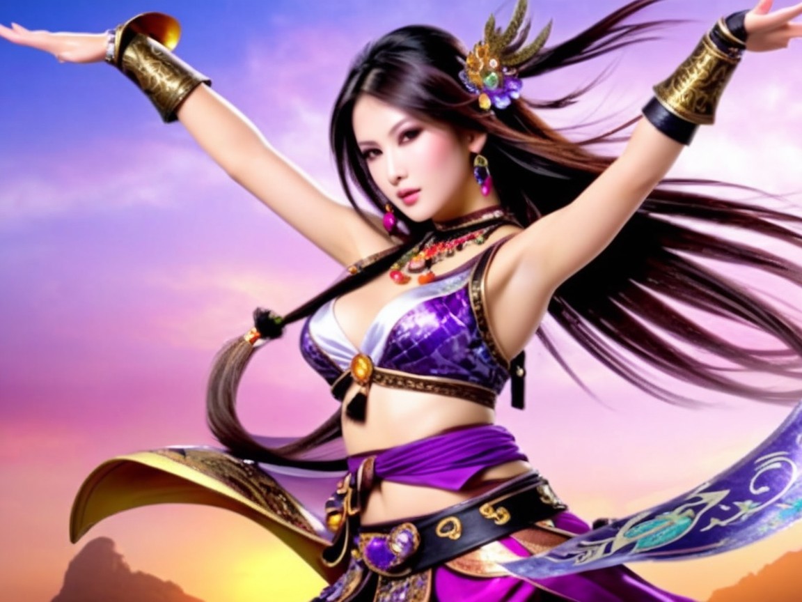 Female figure in colorful costume against sunset backdrop