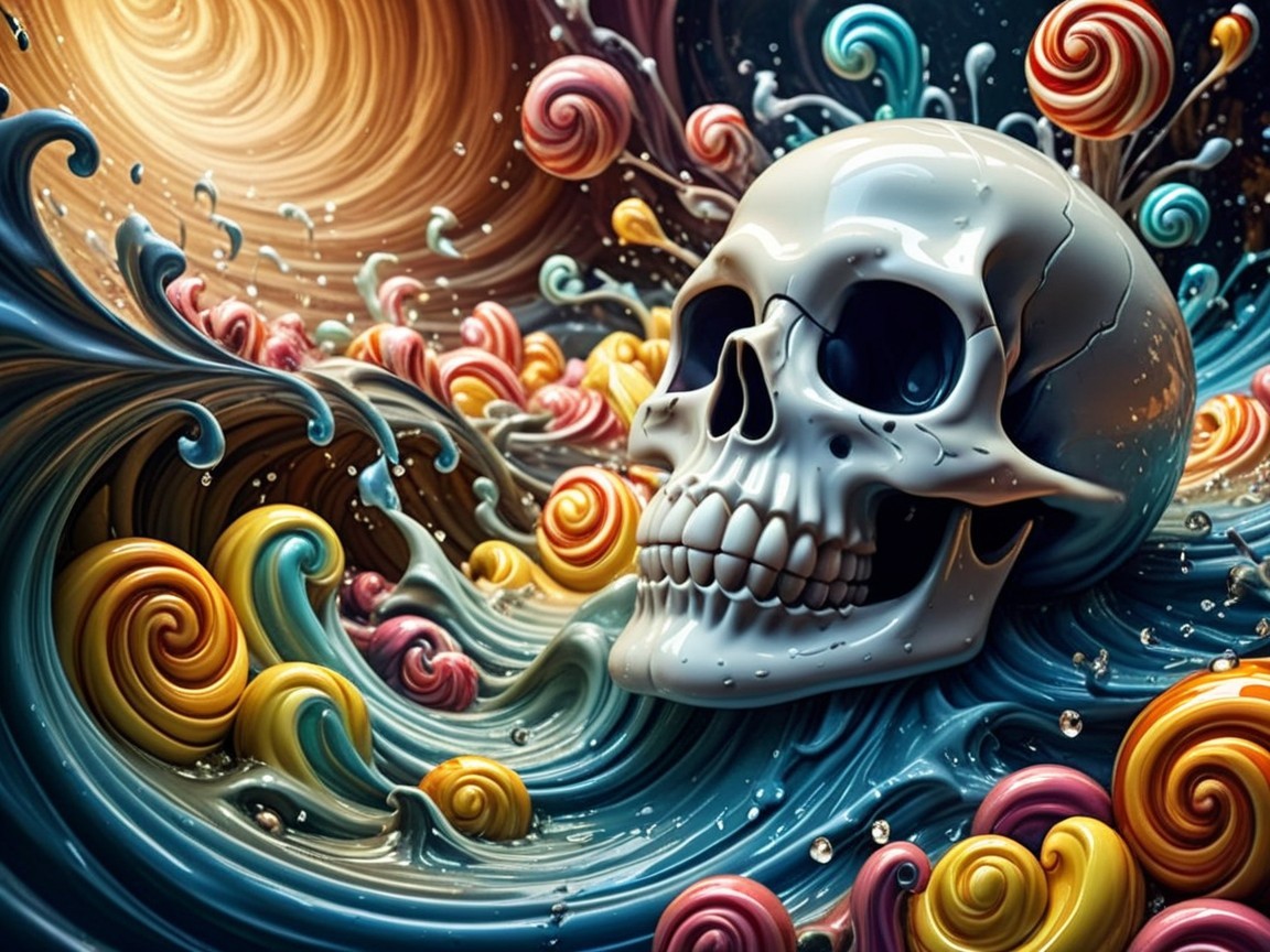 Surreal Skull in Colorful Candy Waves Composition