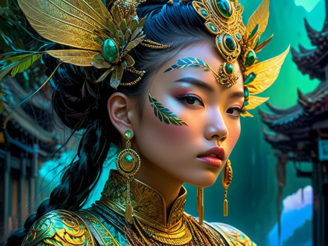 Young Woman in Golden Attire with Emerald Accents