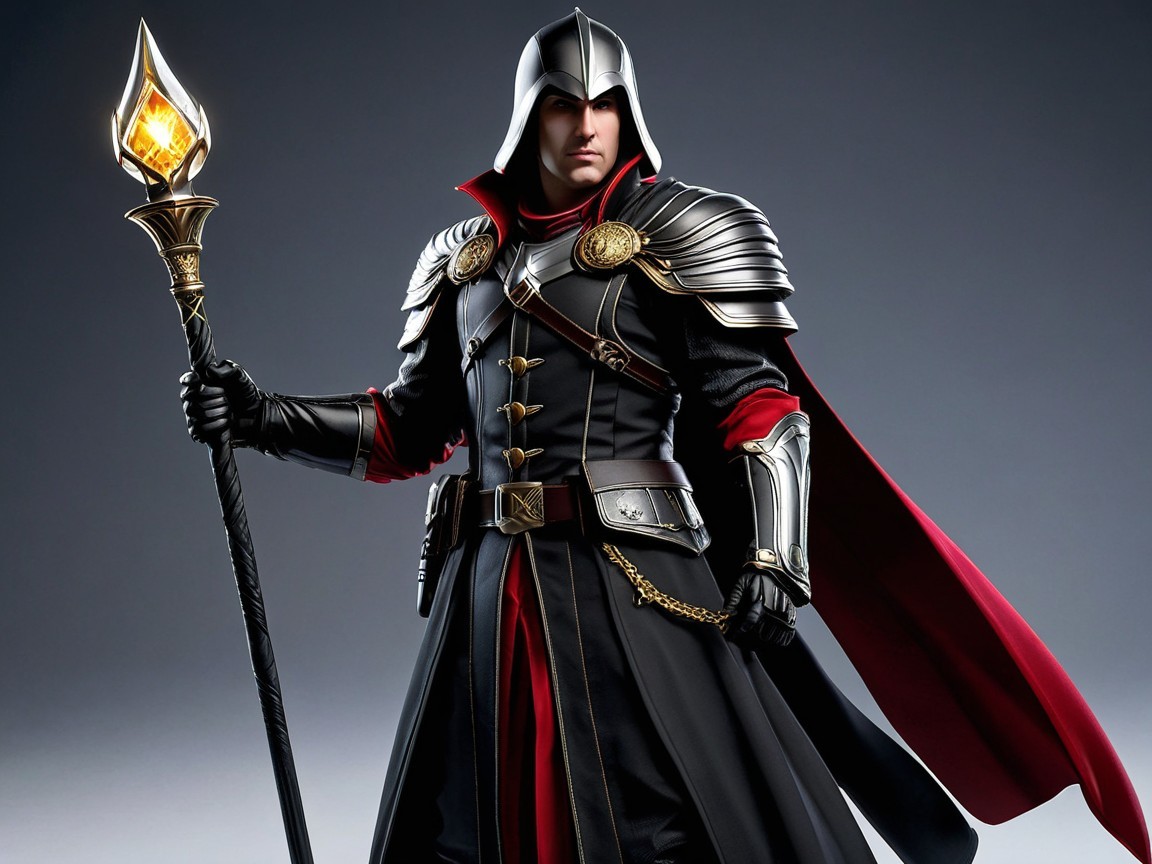 Confident Figure in Black and Red Armored Costume