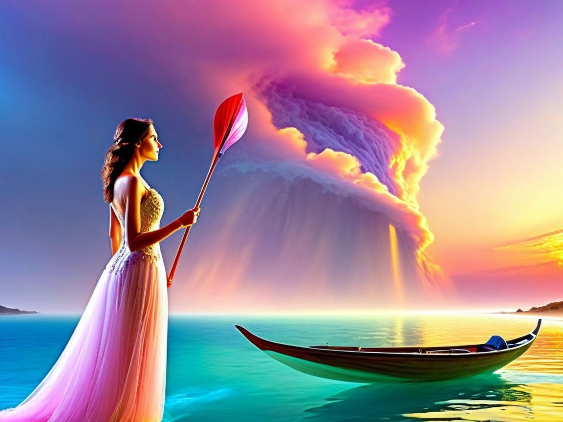 Woman by Water Body with Paddle and Colorful Sky