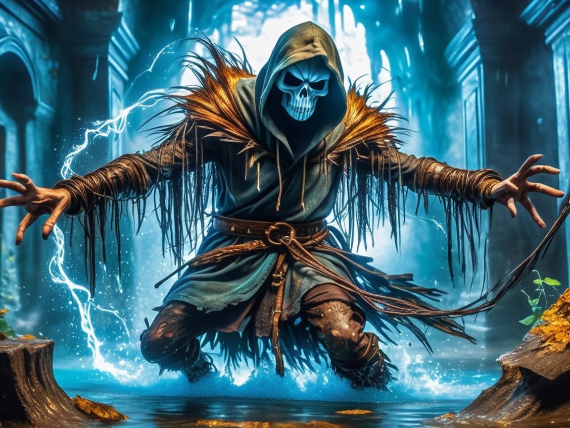 Mysterious Cloaked Figure in Mystical Ruins
