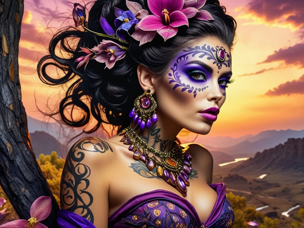 Woman in Purple Attire Against Sunset Backdrop