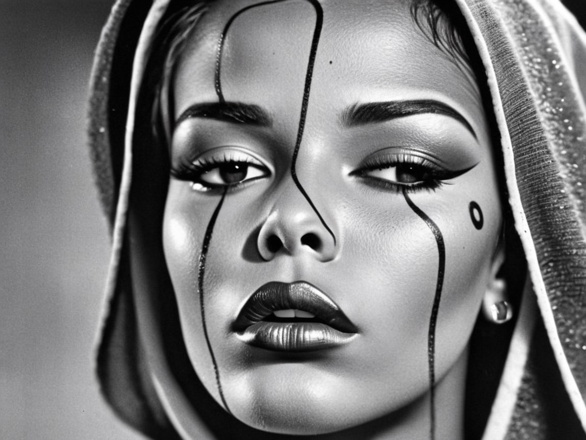 Black-and-white portrait of a woman with dramatic makeup