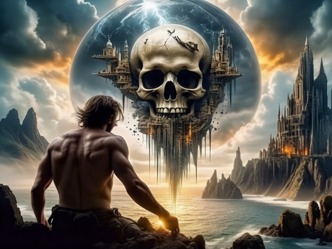 Muscular Figure Overlooks Fantastical Gothic Landscape