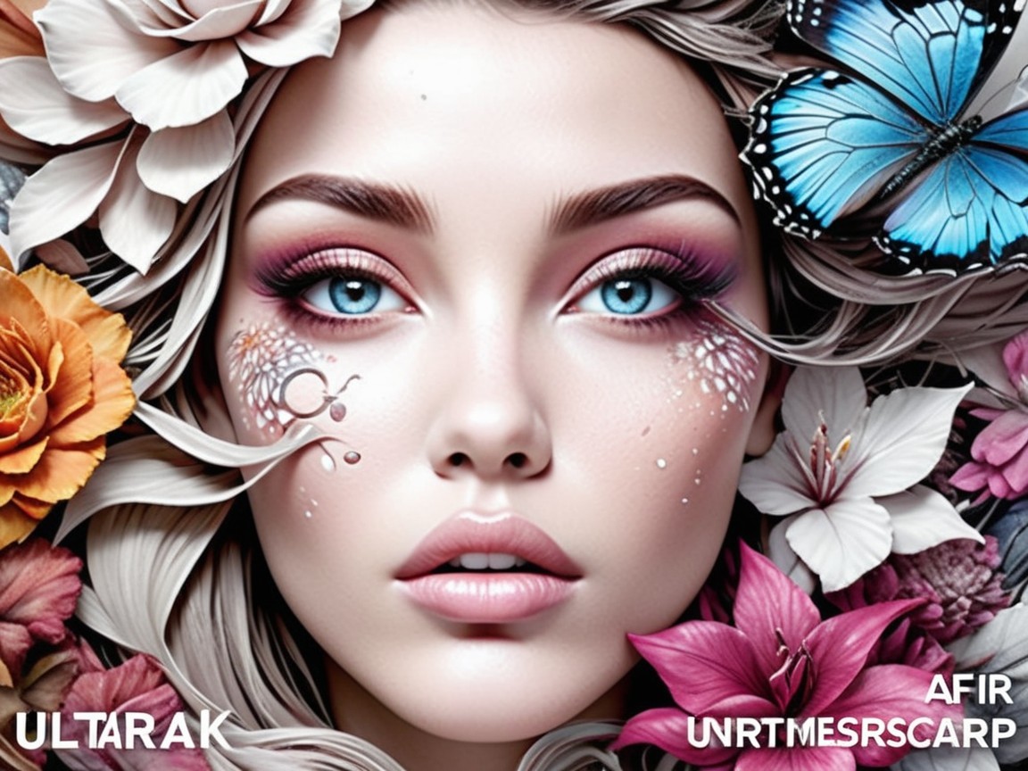 Close-Up Portrait of a Woman with Flowers and Butterflies