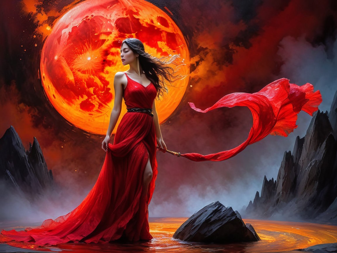 Figure in Red Gown Against Dramatic Moonlit Landscape