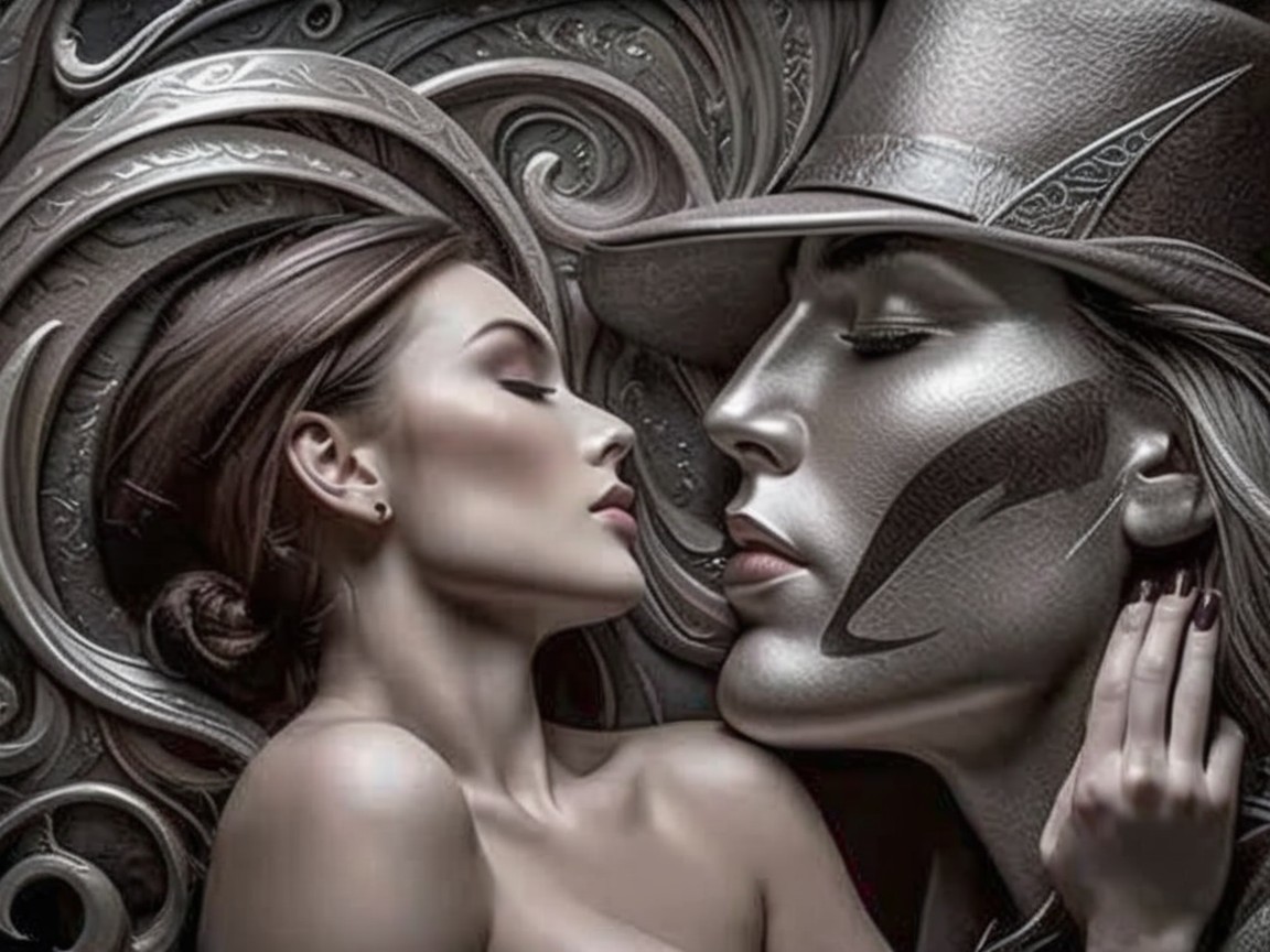 Artistic portrayal of a woman and man with metallic backdrop