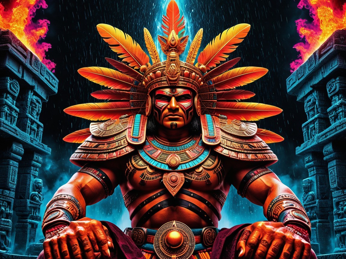 Warrior on Throne with Golden Armor and Flames