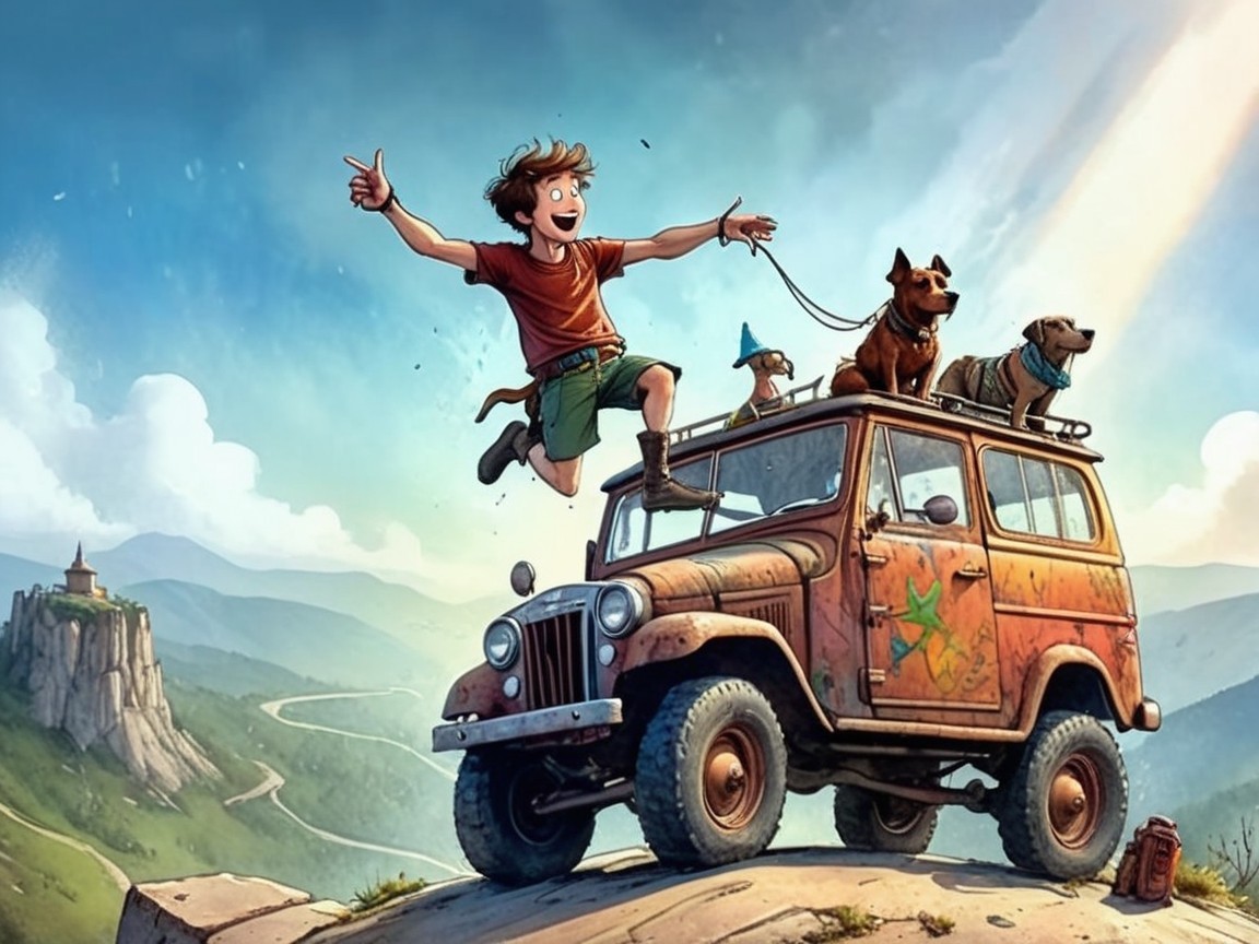 Boy on Vintage Jeep with Dogs in Scenic Landscape