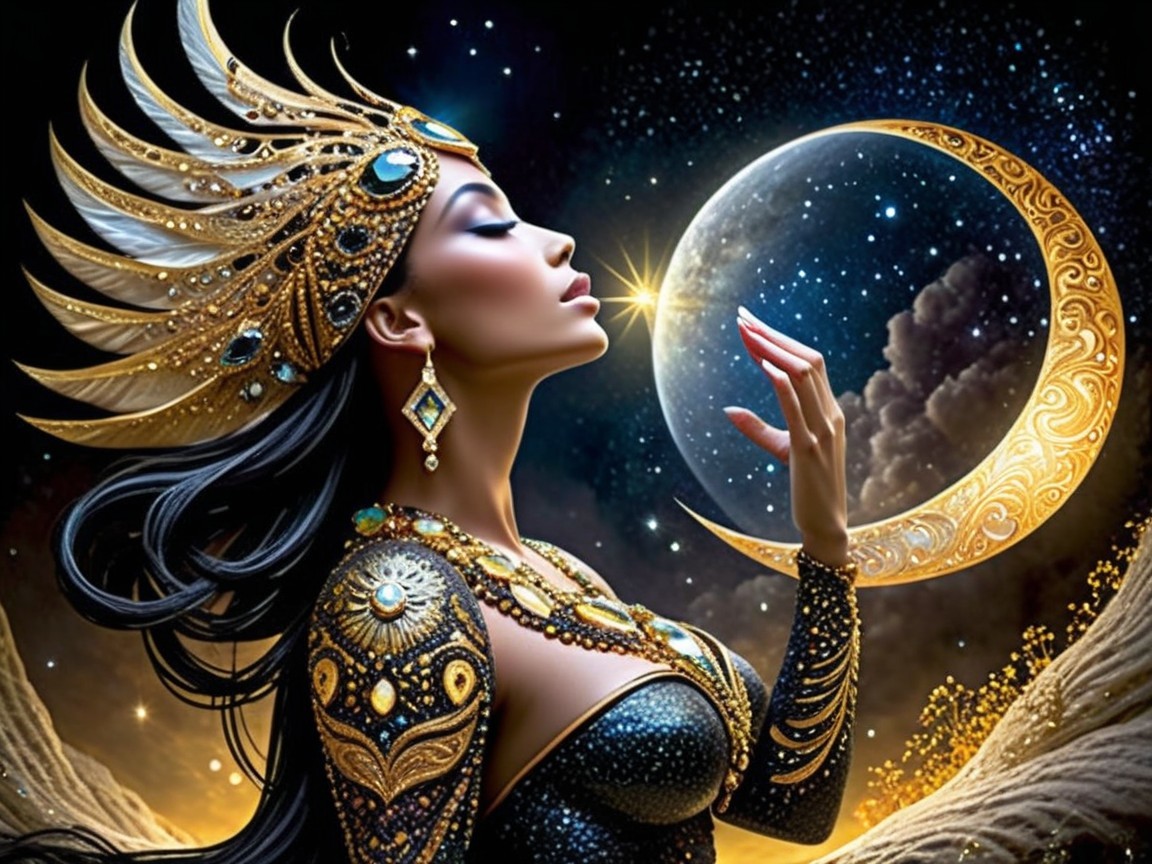 Elegant Woman in Golden Attire Against Cosmic Backdrop